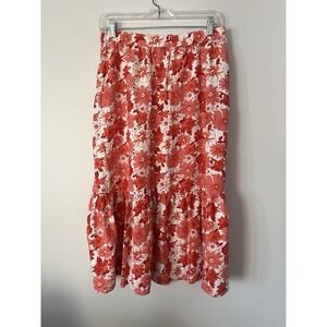 Lucky Brand Floral Red Pink Ruffle Pull-On Linen Blend Midi/Maxi Skirt Medium